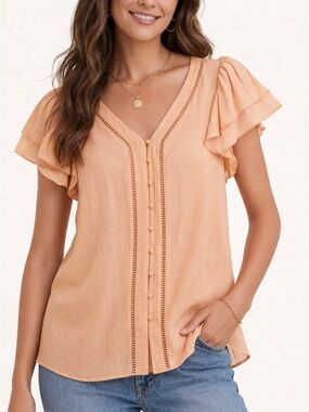 Joie Peach Ruffle Sleeve Blouse Button Front Lightweight Dressy Top Size S NWT